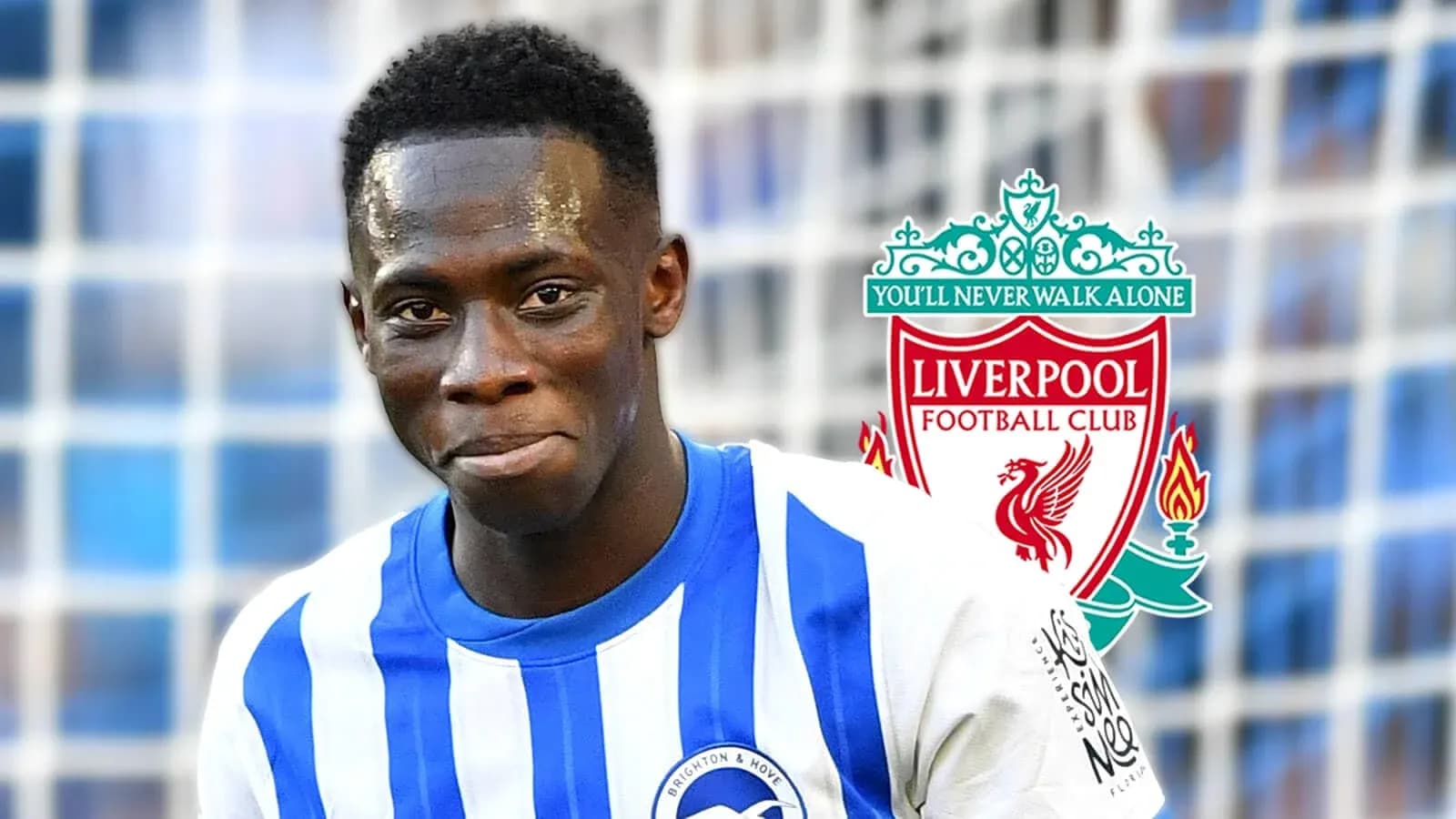 Jugador de Brighton sonriendo con logos de Liverpool