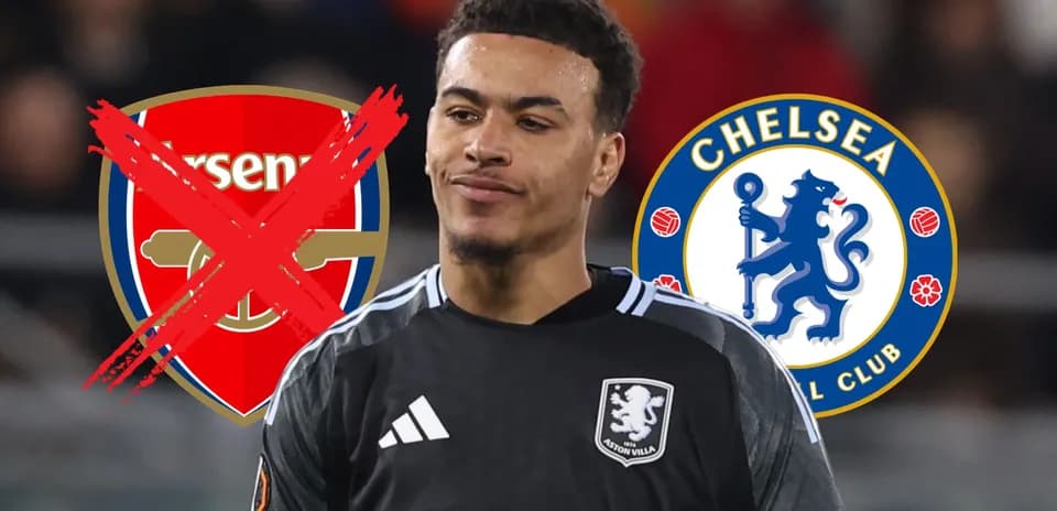 Jugador con uniforme de Aston Villa entre logotipos de Arsenal y Chelsea