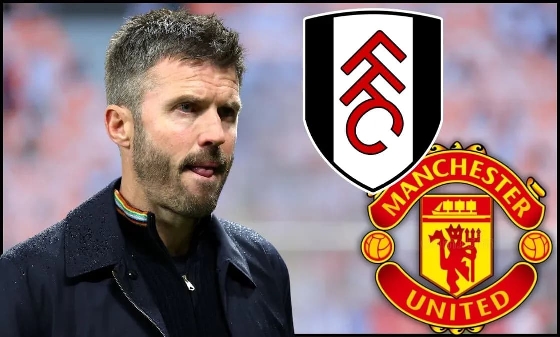 Entrenador de Fulham con escudos de Fulham y Manchester United