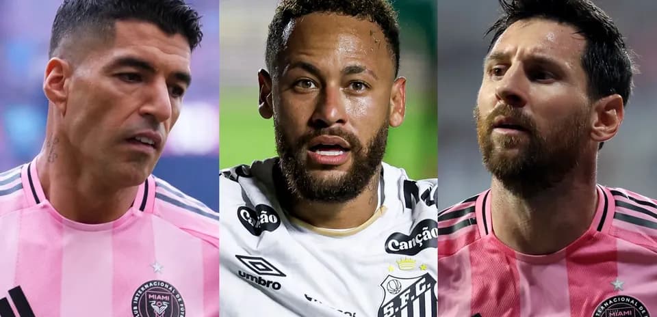 Luis Suárez, Neymar y Lionel Messi en uniforme de fútbol