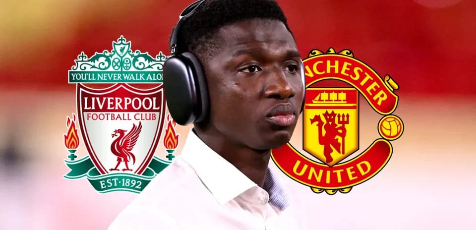 Jugador con auriculares frente a logos de Liverpool y Manchester United