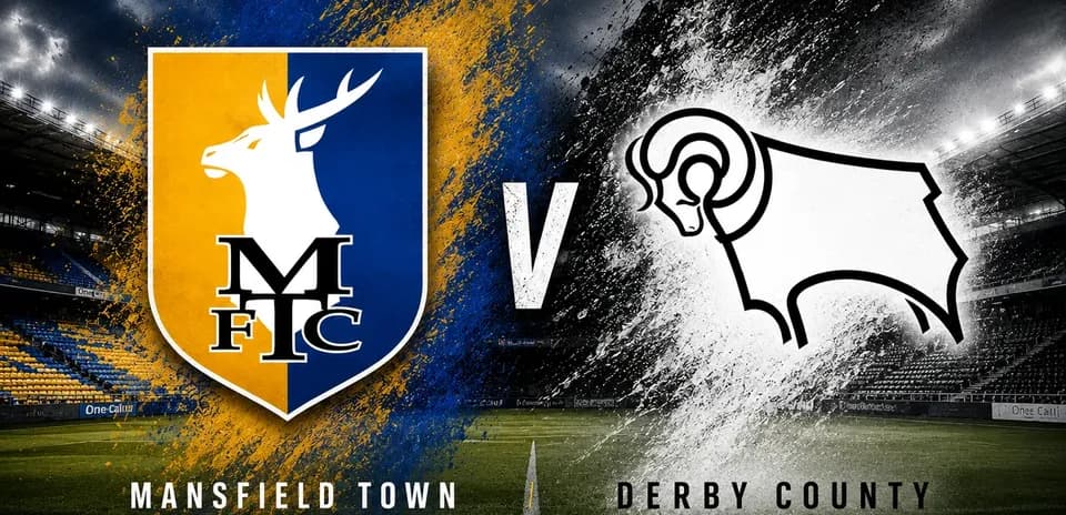 Logos de Mansfield Town y Derby County en fondo de estadio