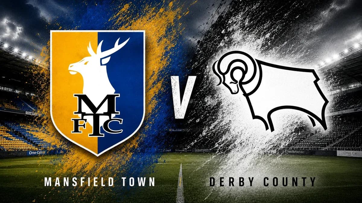 Logos de Mansfield Town y Derby County en fondo de estadio