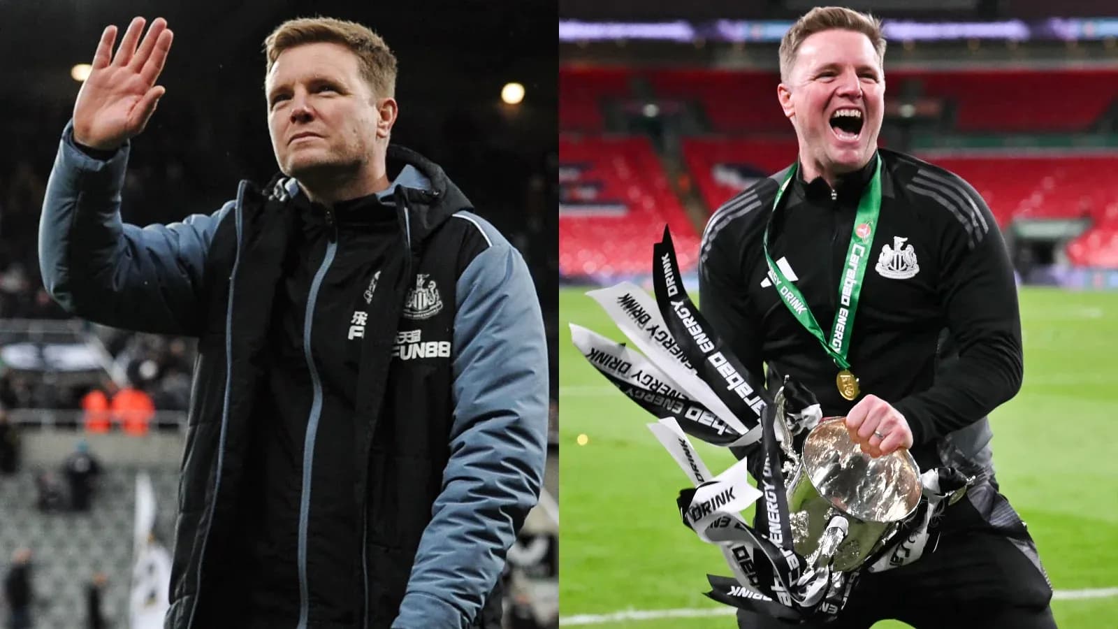 Entrenador de Newcastle celebrando un trofeo