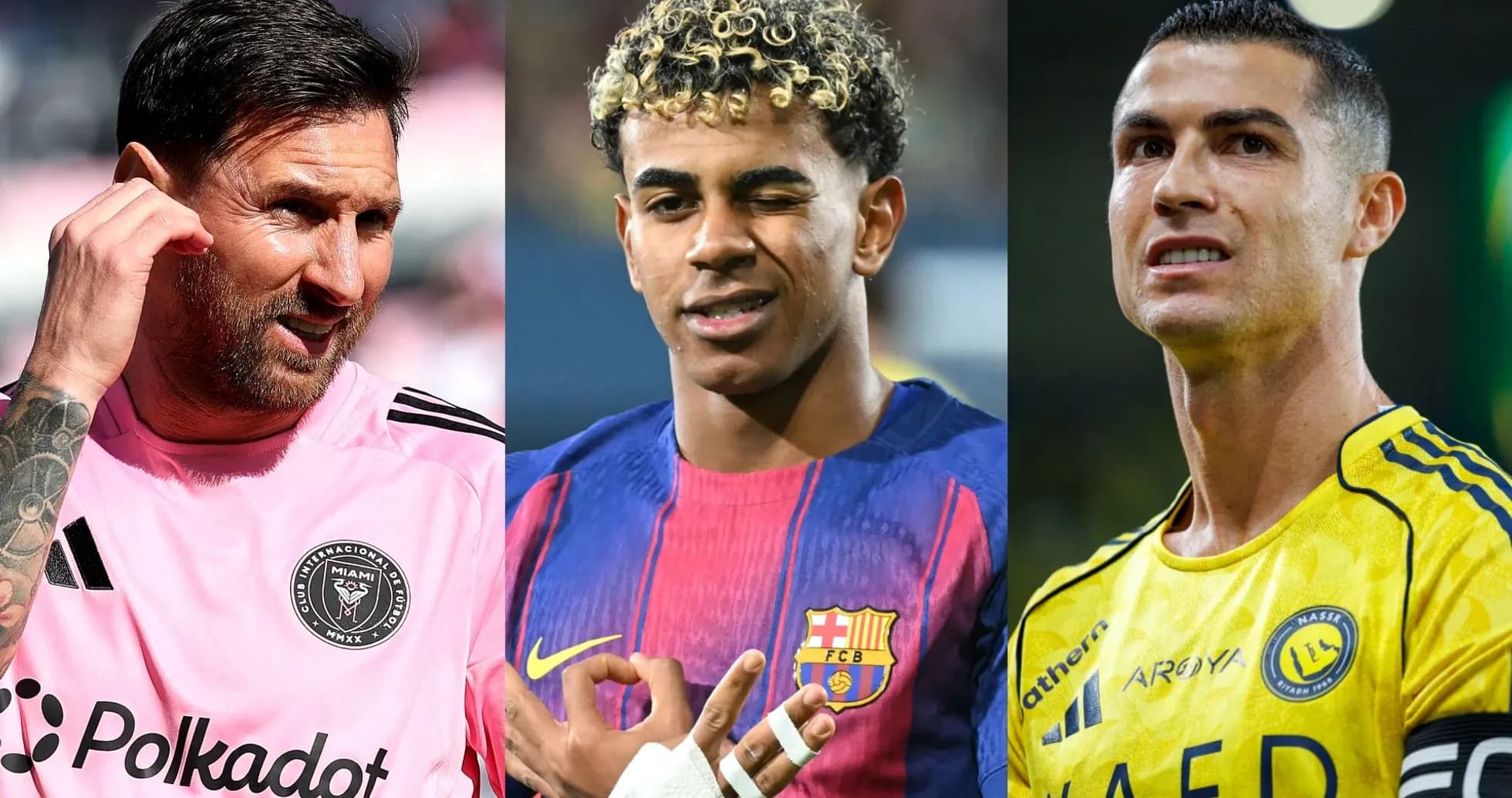 Tres futbolistas posando en diferentes uniformes