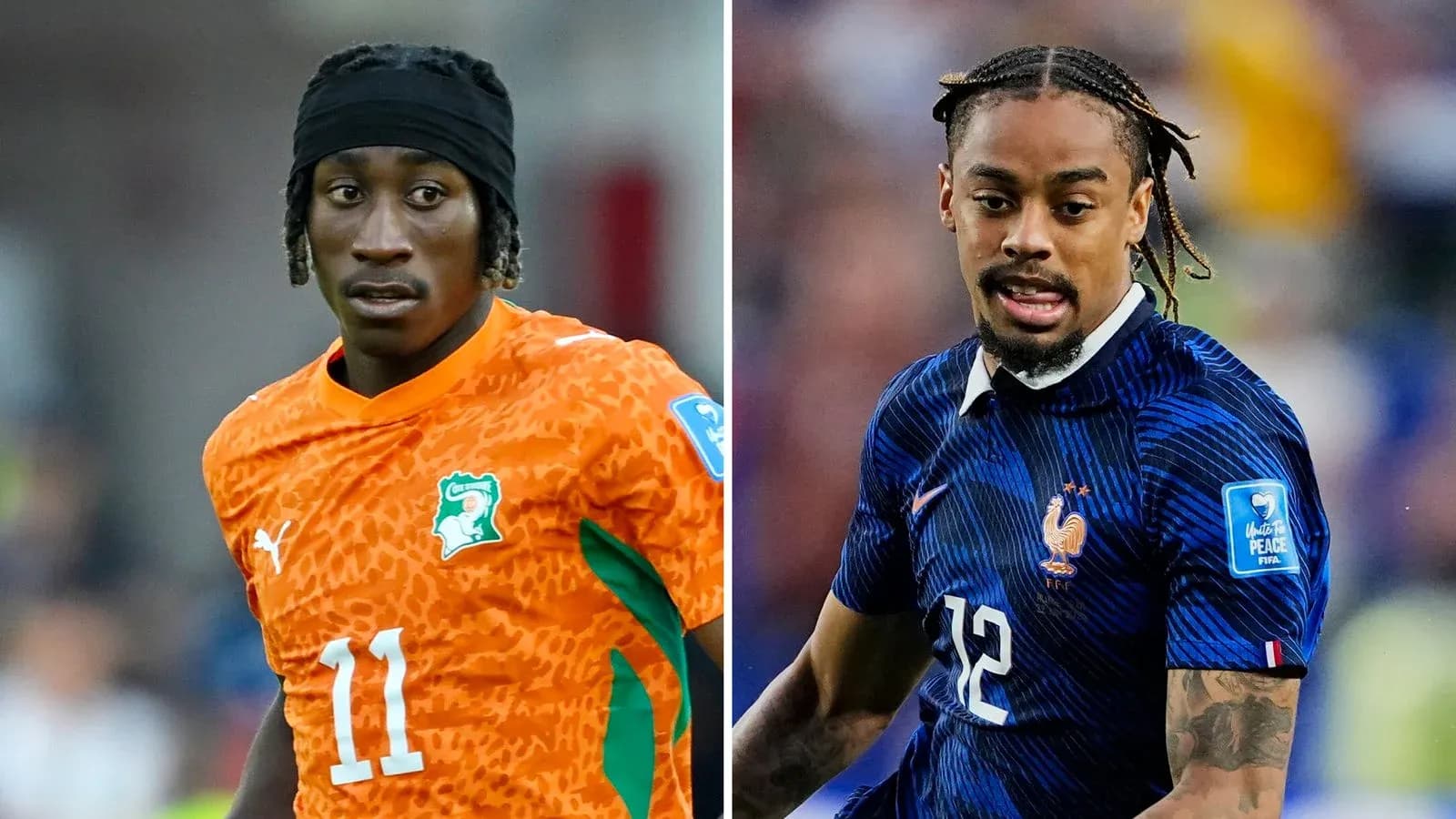 Jugadores de fútbol en acción con uniformes de sus selecciones
