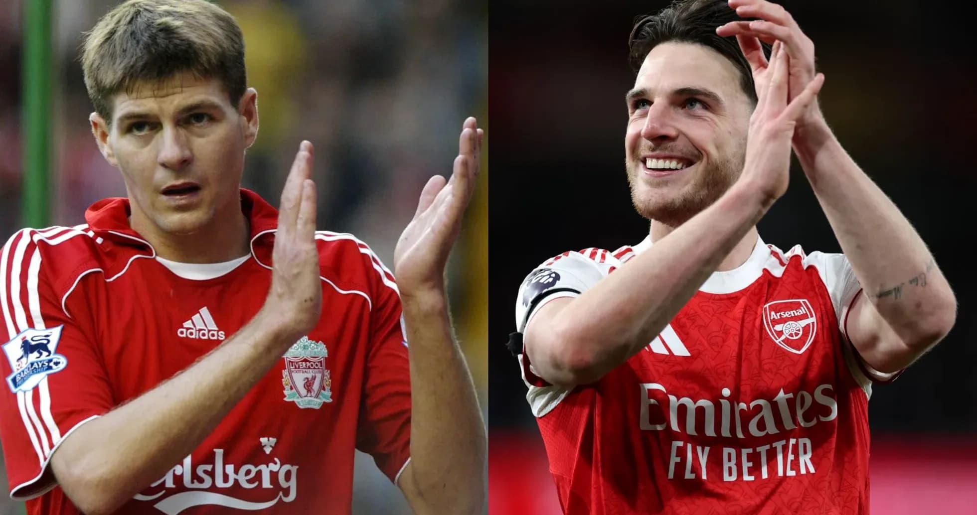 Dos jugadores aplaudiendo en diferentes camisetas de fútbol