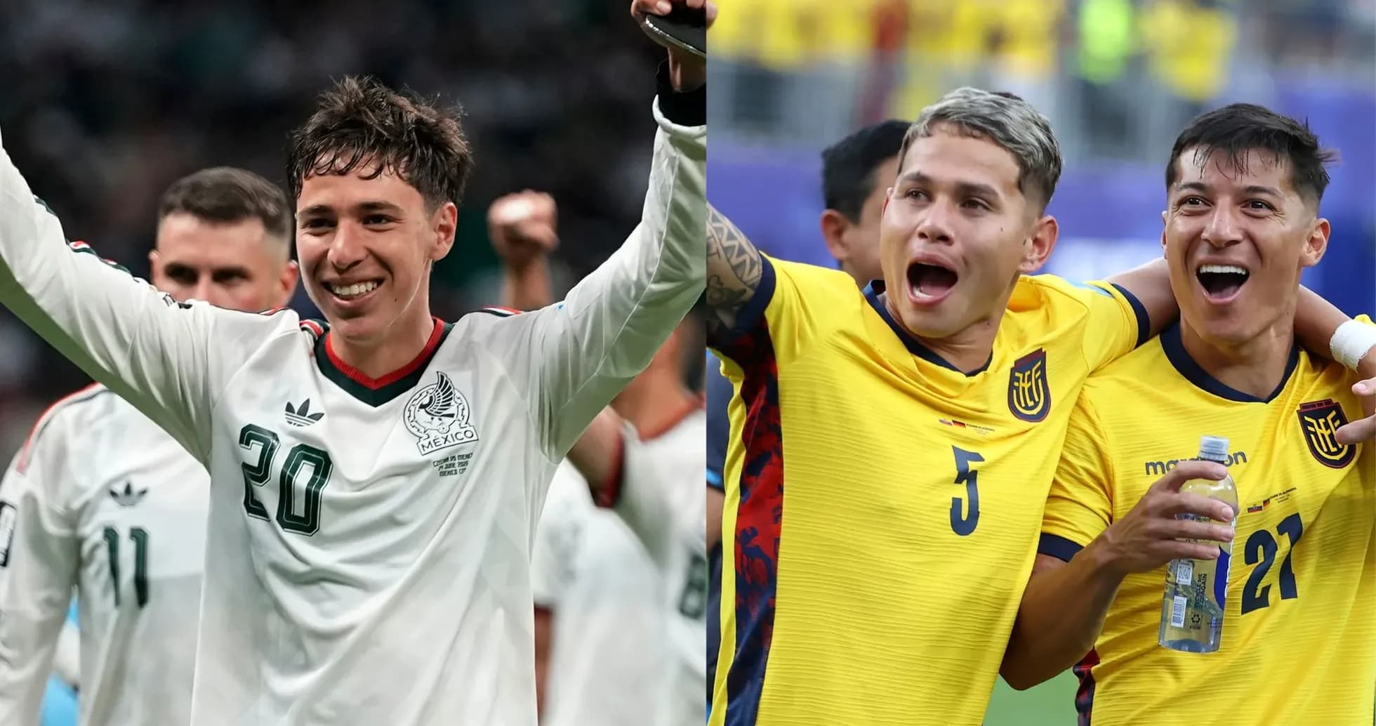 Jugadores de México y Ecuador celebrando en el partido