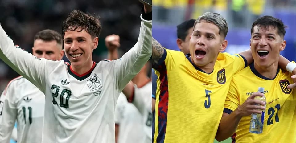 Jugadores de México y Ecuador celebrando en el partido