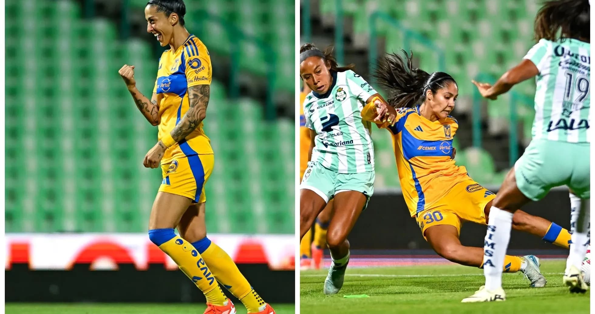 Jugadora de Tigres celebra un gol durante el partido