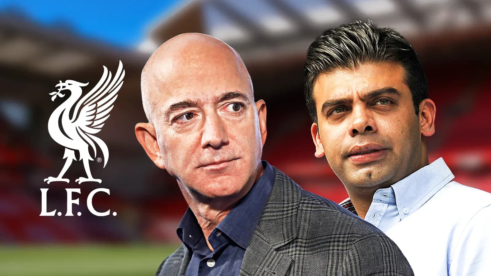 Jeff Bezos y otro hombre frente al logo de Liverpool