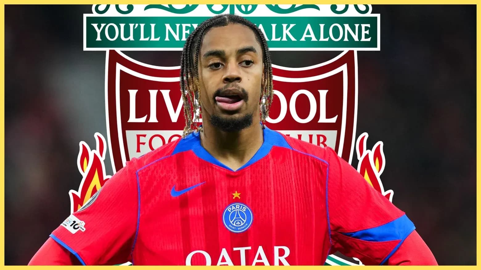 Jugador de PSG frente a logos de Liverpool