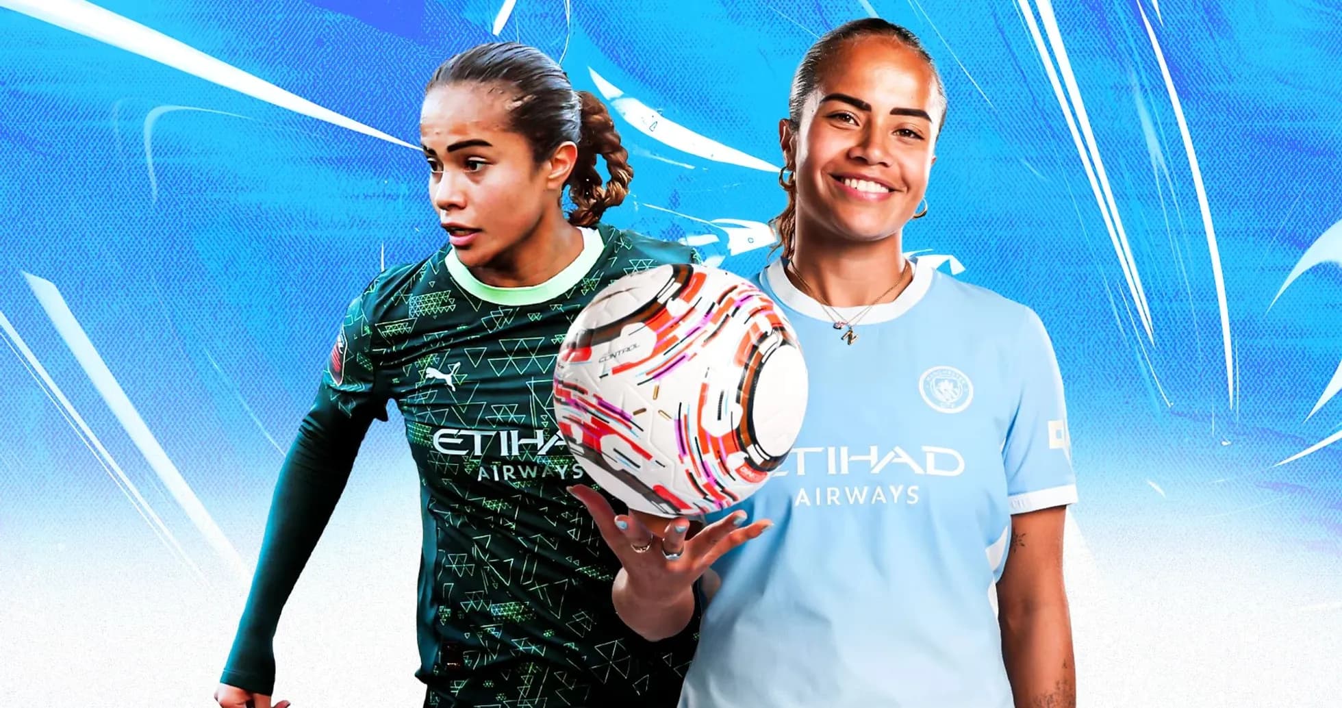 Jugadora con balón y uniforme de Manchester City