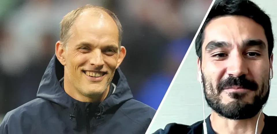 Thomas Tuchel y Ilkay Gündogan sonriendo en imagen dividida