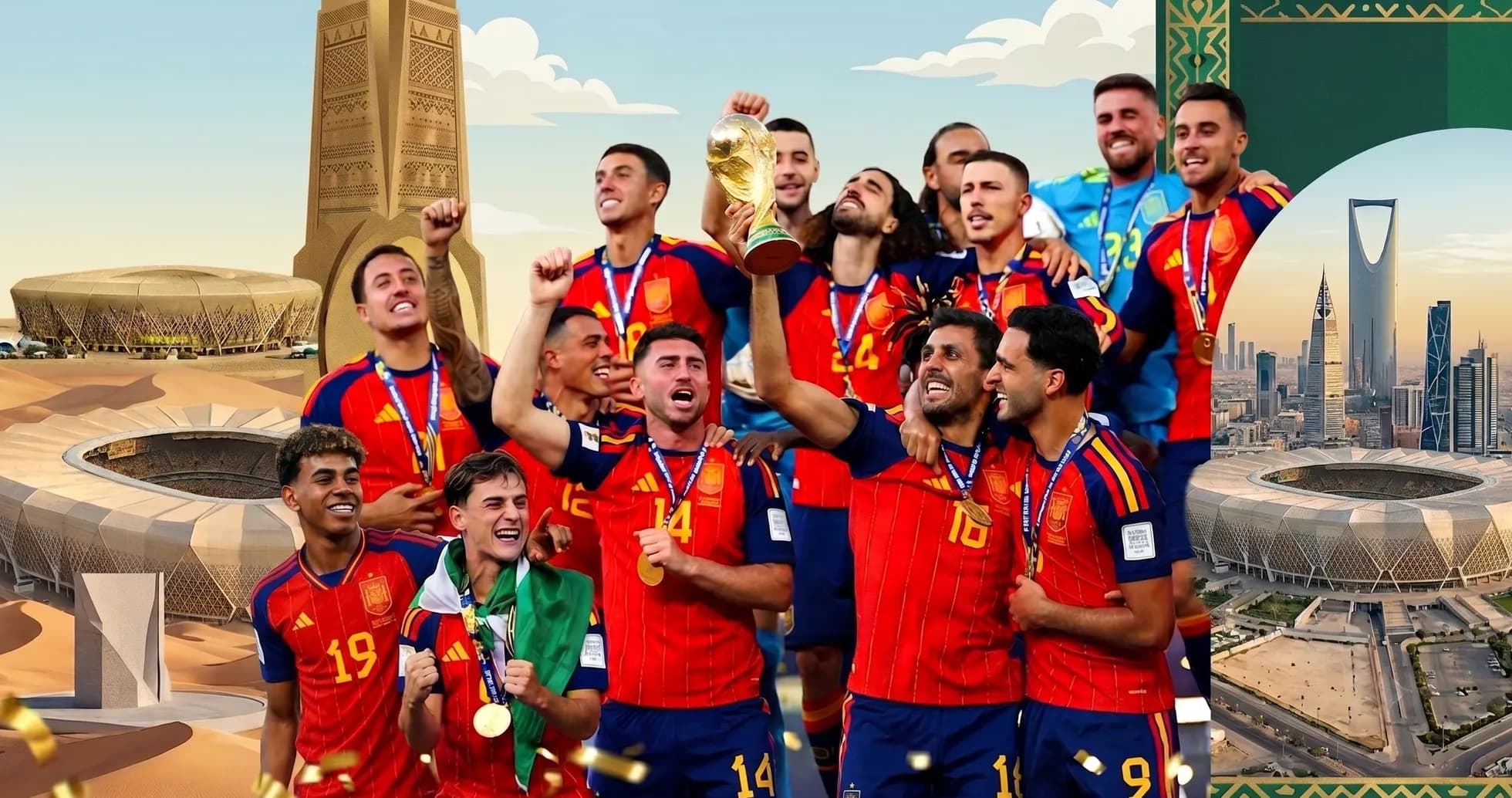 Jugadores de España celebrando con la Copa del Mundo