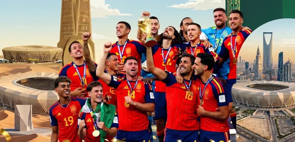 Jugadores de España celebrando con la Copa del Mundo