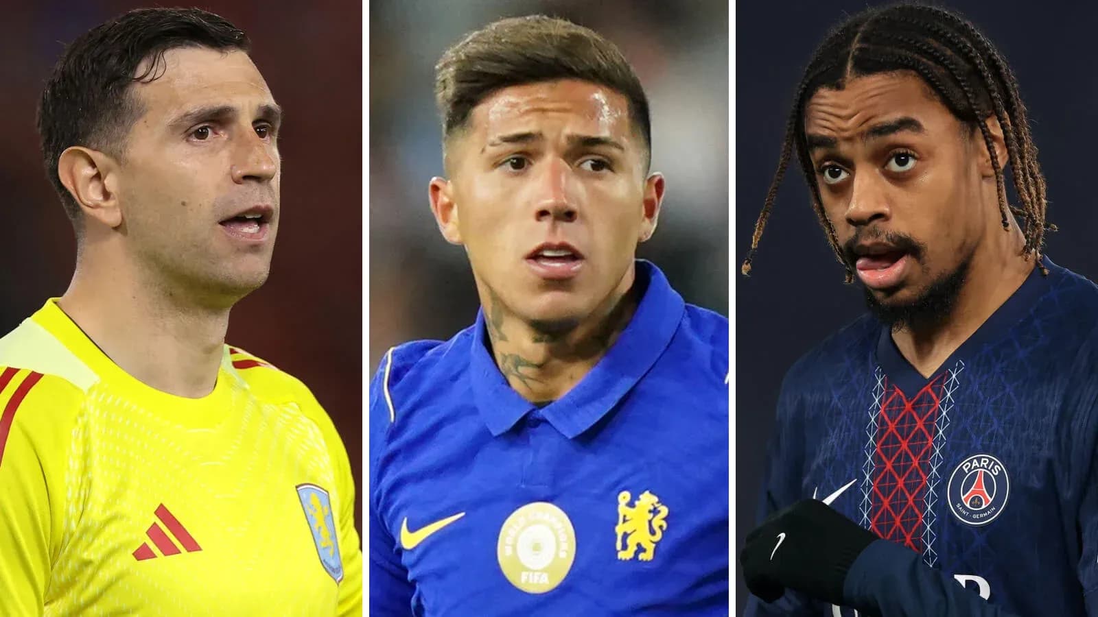 Tres futbolistas en uniformes de equipo diferentes