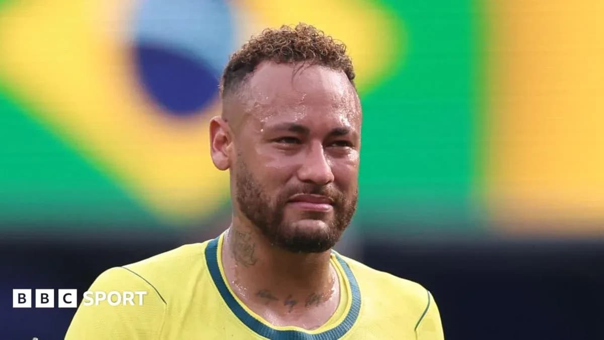 Neymar en camiseta amarilla con fondo de Brasil