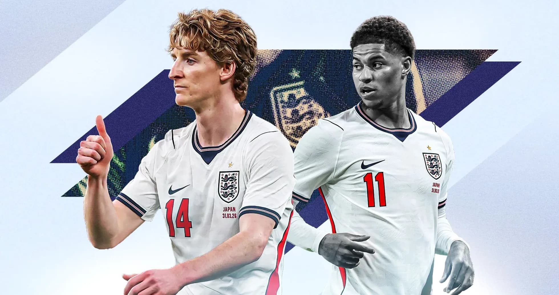 Jugadores de Inglaterra en uniforme, uno haciendo un gesto