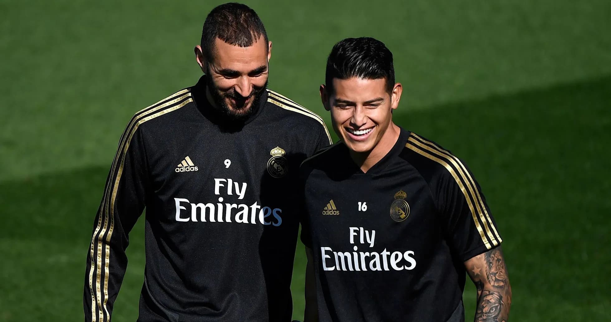 Karim Benzema y James Rodríguez en entrenamiento