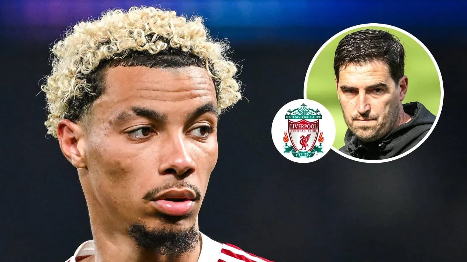 Jugador con cabello rizado y logo de Liverpool