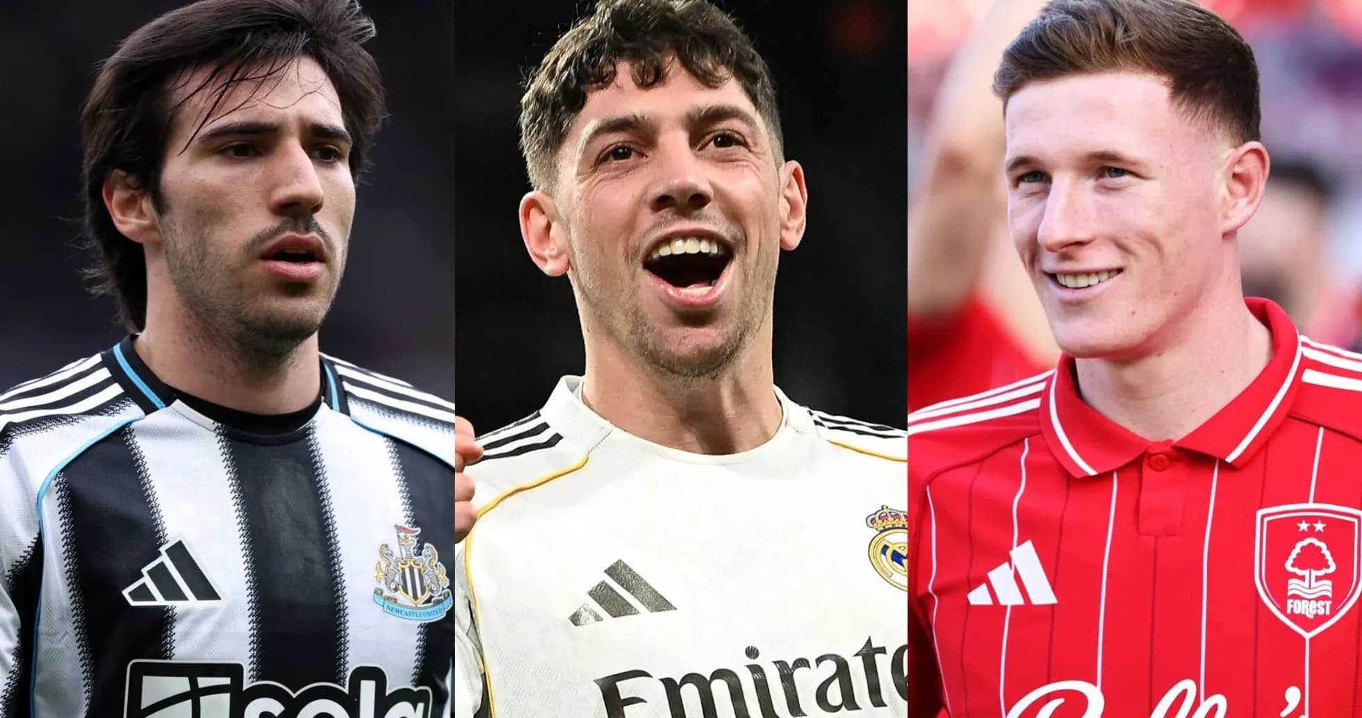 Tres jugadores de fútbol en sus camisetas de equipo