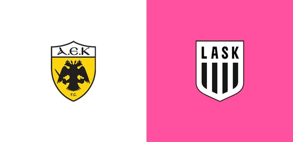Logos de A.E.K. y LASK sobre fondo colorido