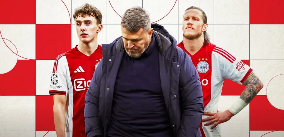 Jugadores y entrenador de Ajax sobre fondo gráfico