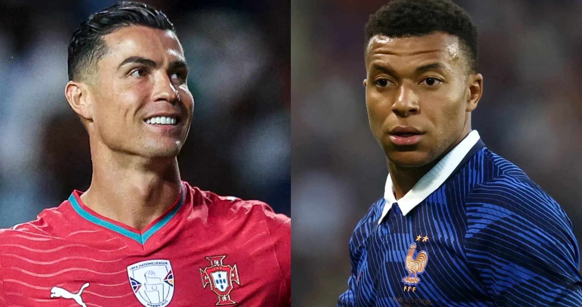 Cristiano Ronaldo y Kylian Mbappé en uniforme de fútbol