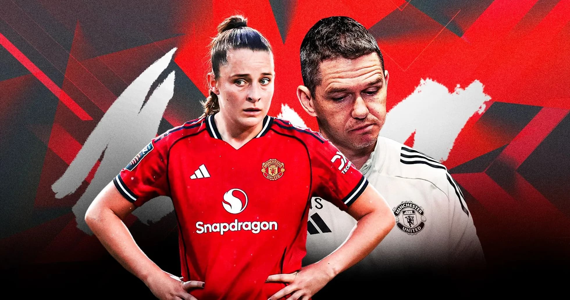 Jugadora de Manchester United y entrenador en fondo gráfico