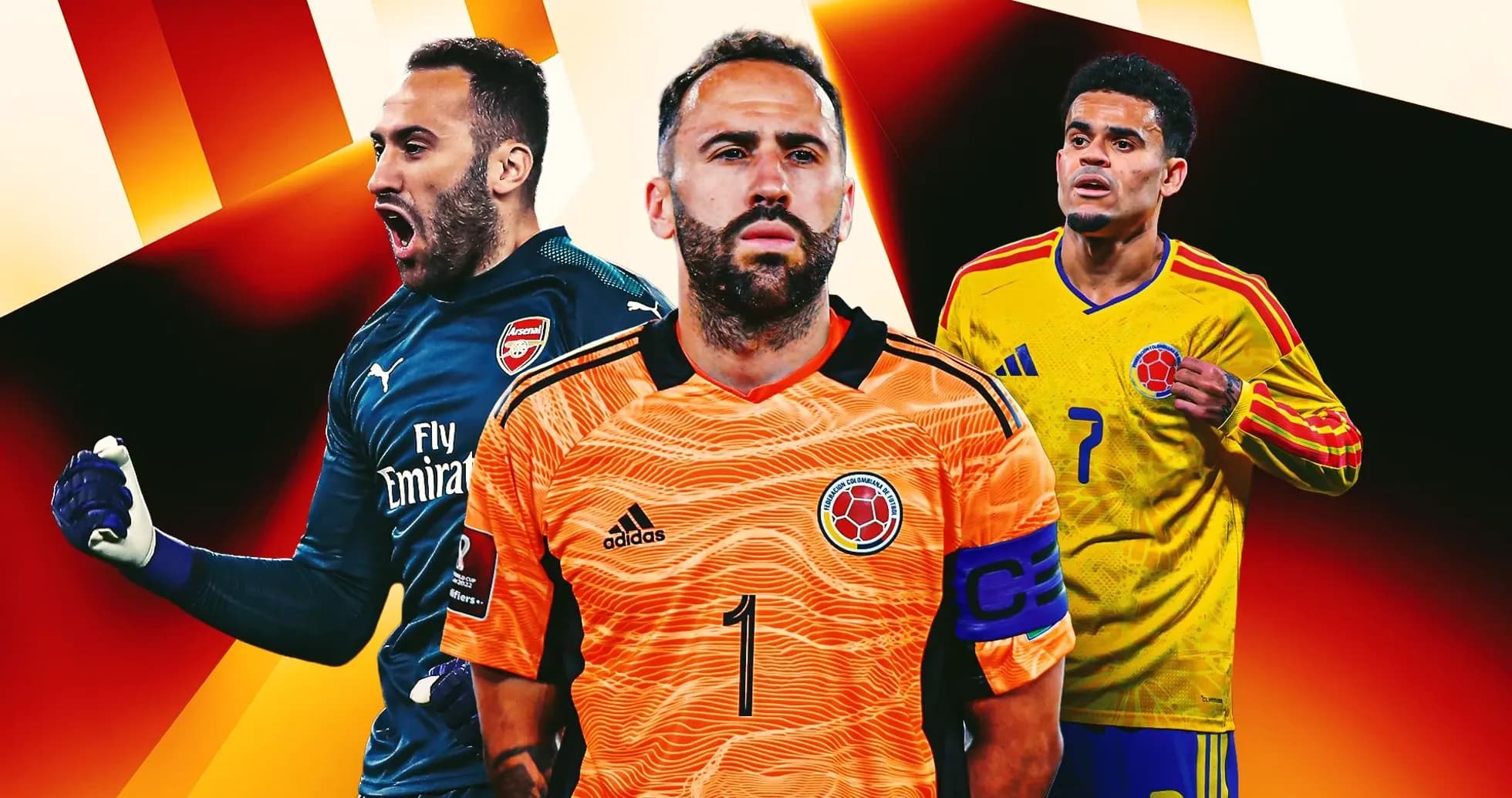 Tres jugadores colombianos en uniforme de fútbol