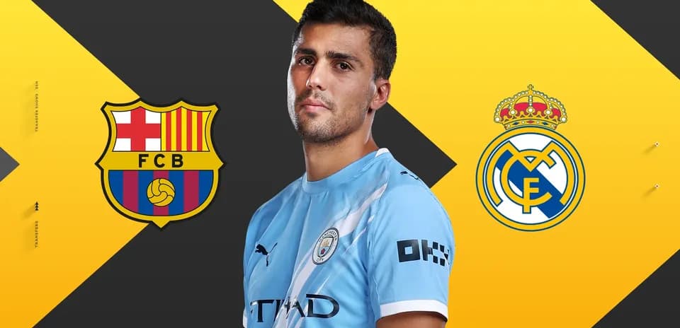 Jugador con camiseta de Manchester City entre logos de Barcelona y Real Madrid