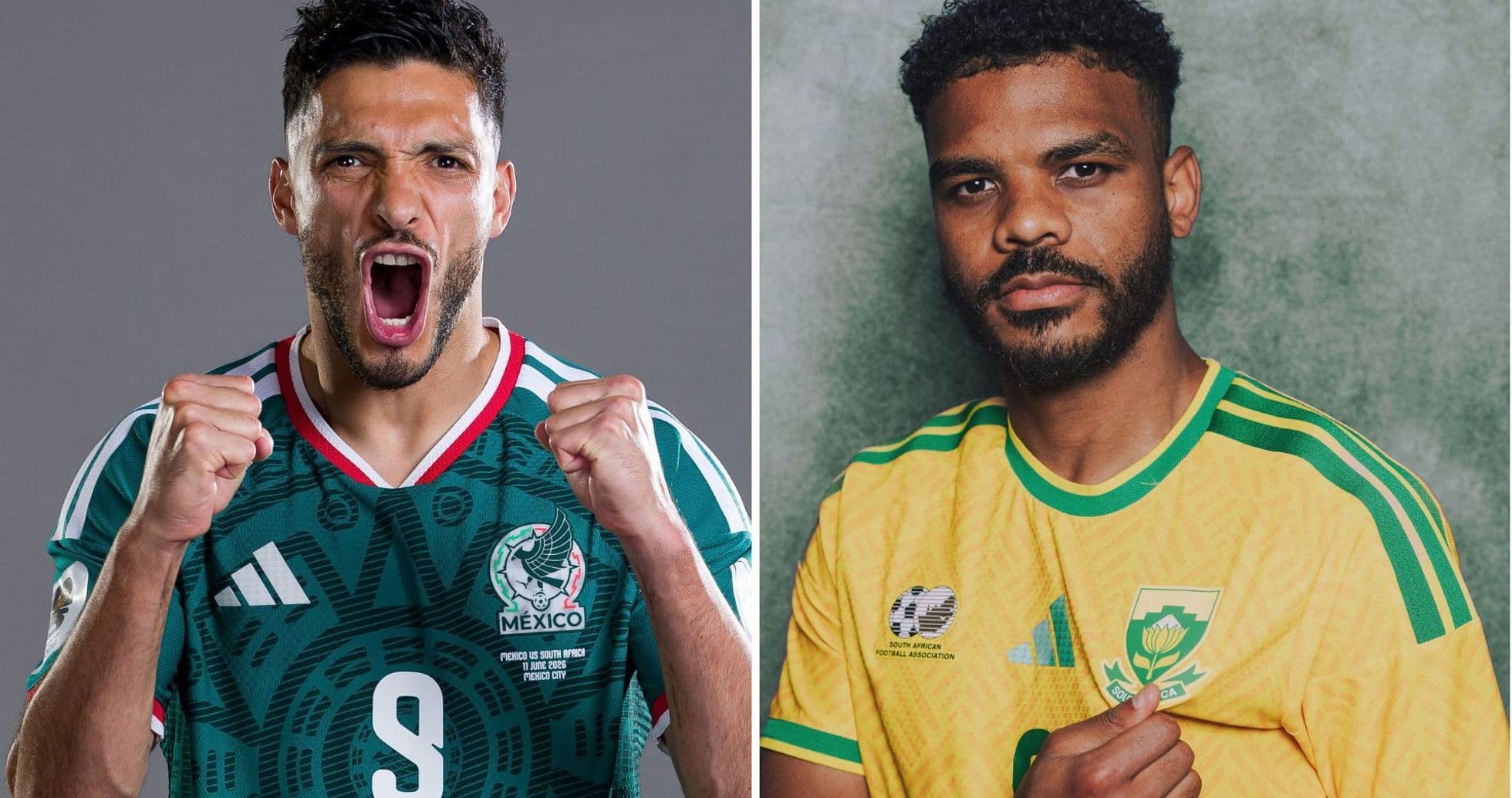 Jugadores de México y Sudáfrica posando para fotos