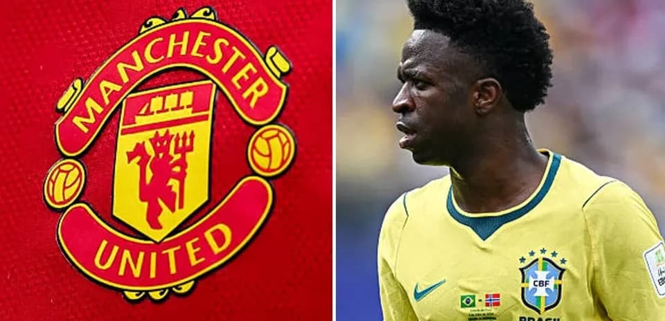 Logotipo de Manchester United y jugador brasileño en acción