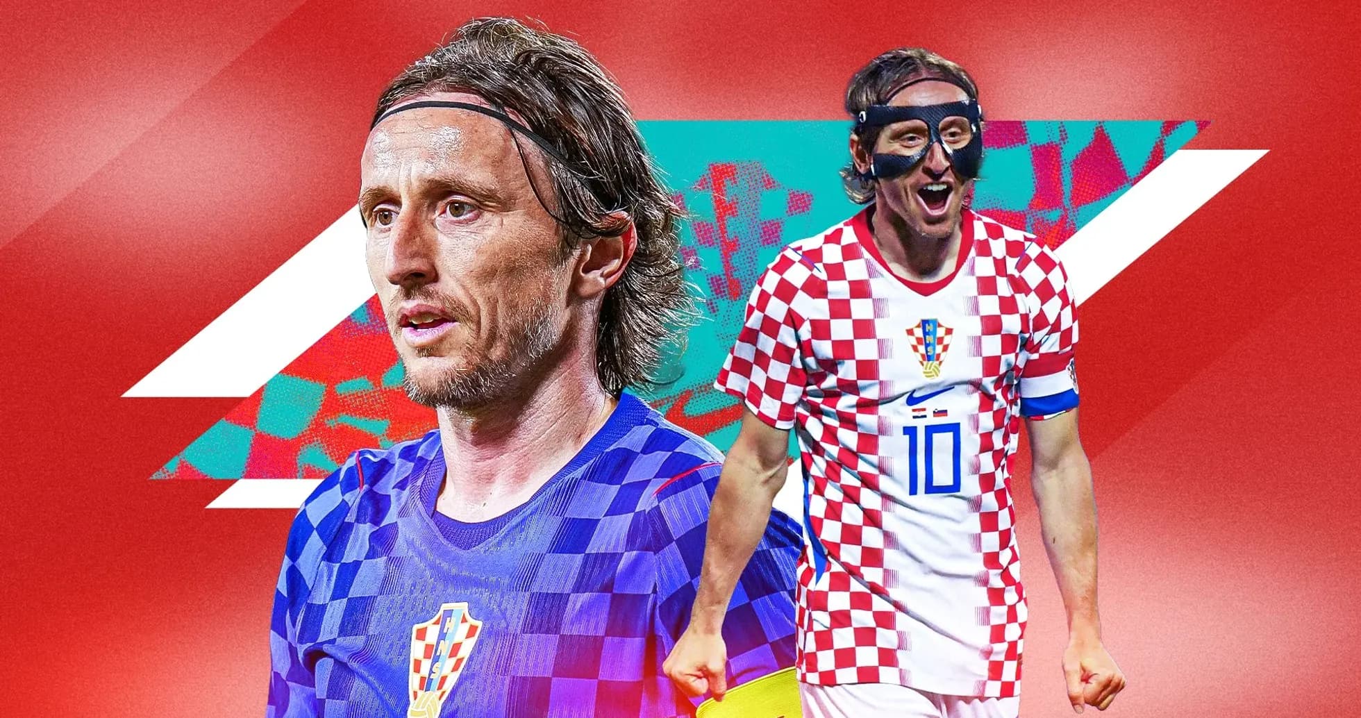 Luka Modrić en uniforme de Croacia con fondo rojo