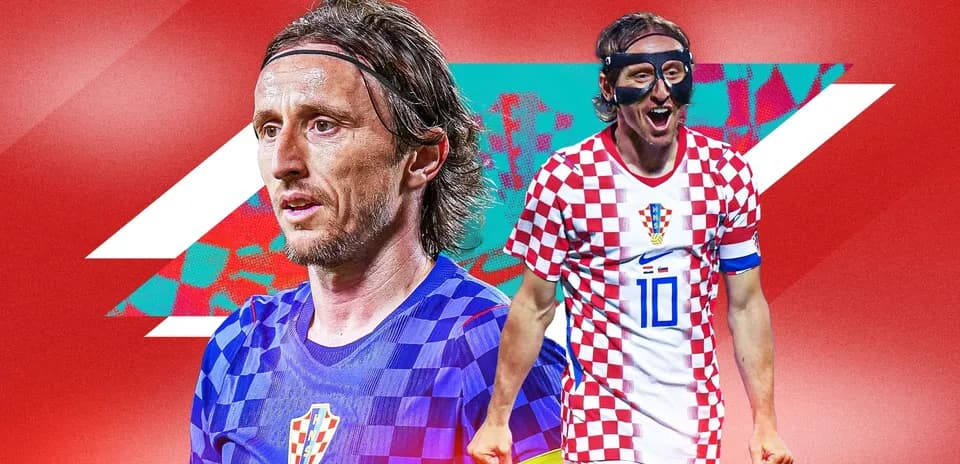 Luka Modrić en uniforme de Croacia con fondo rojo
