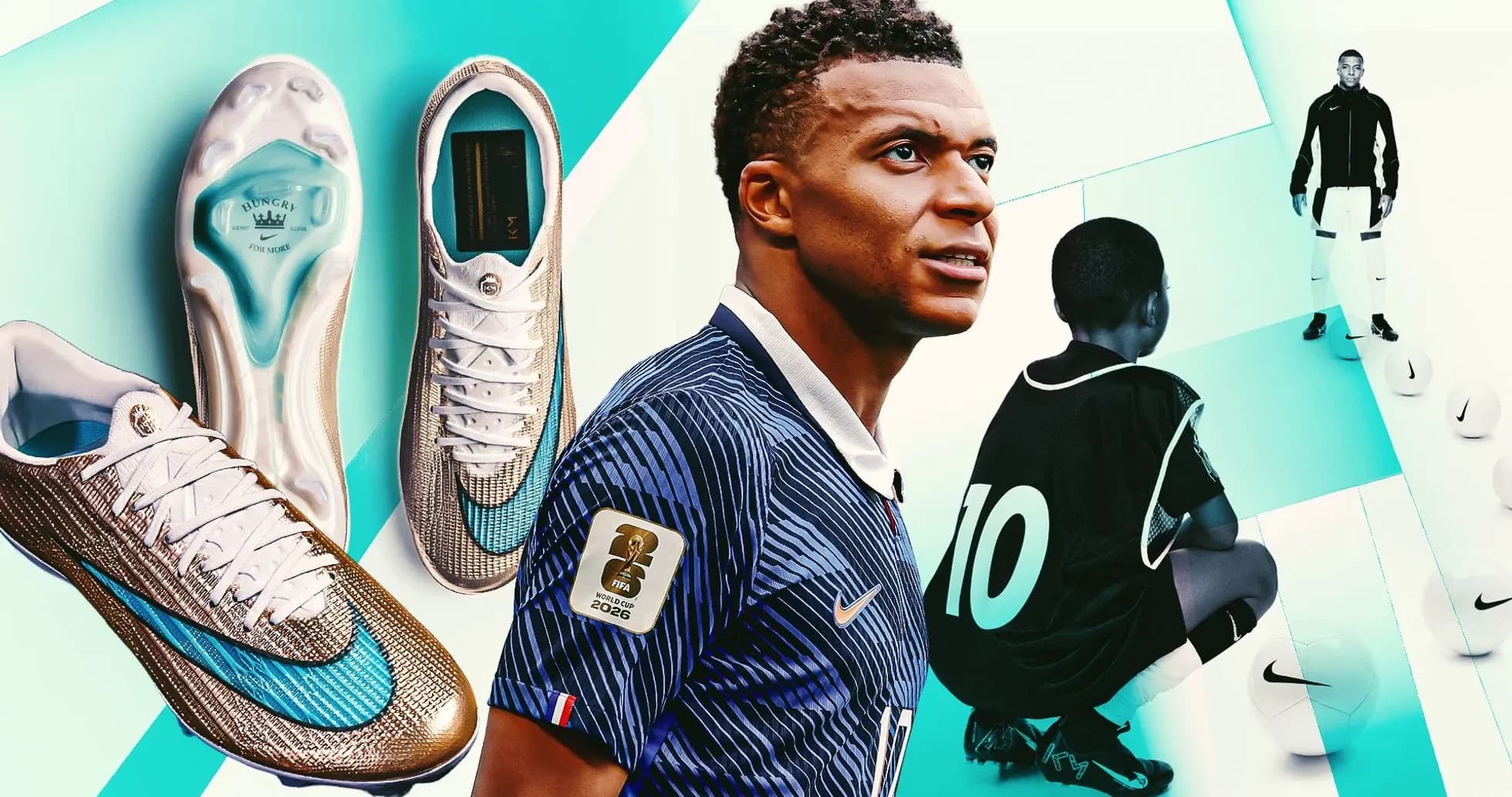 Kylian Mbappé con botas de fútbol y balón
