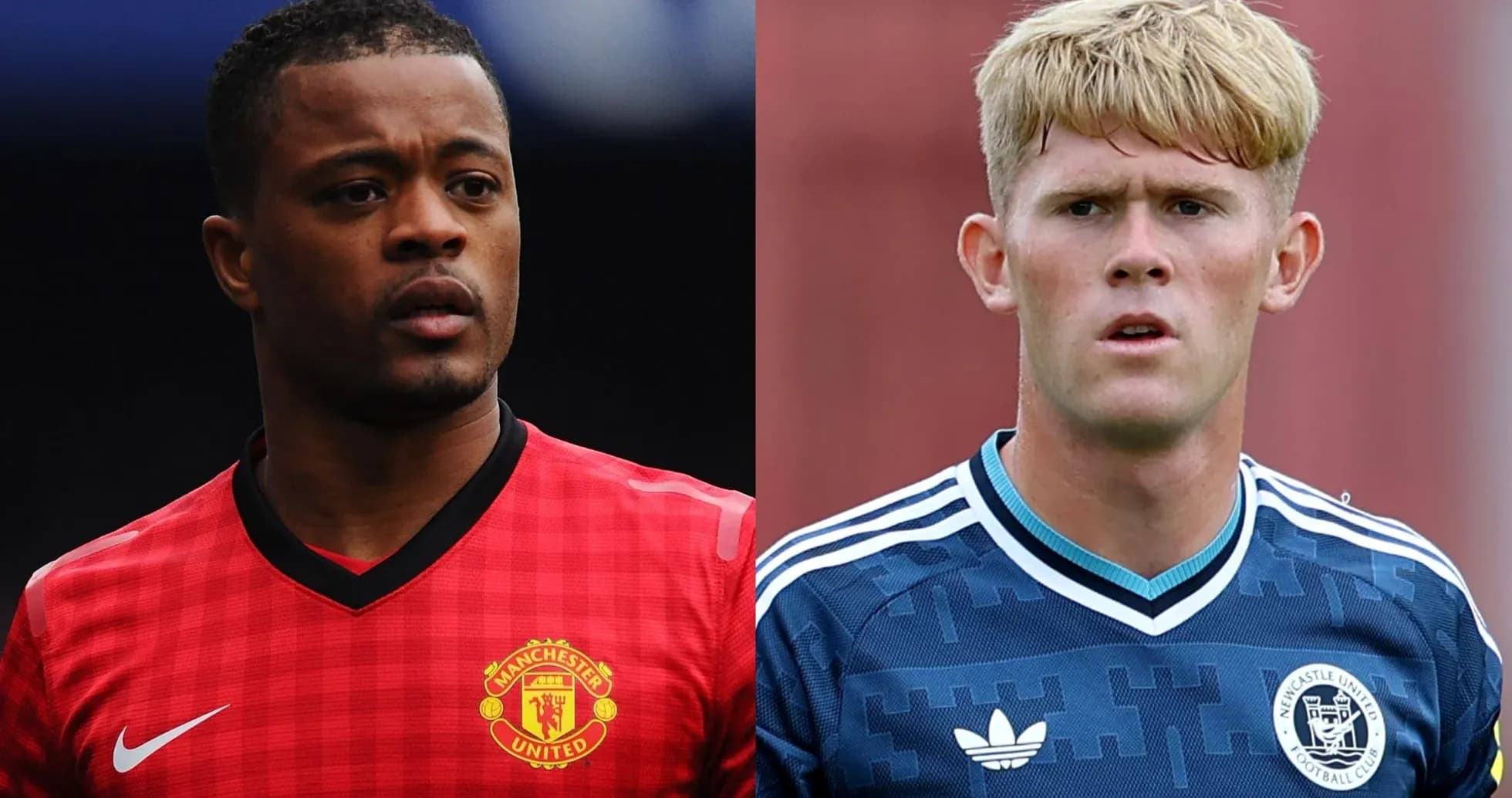 Jugadores de fútbol en camisetas de Manchester United y Newcastle Jugadores de fútbol en camisetas de Manchester United y Newcastle