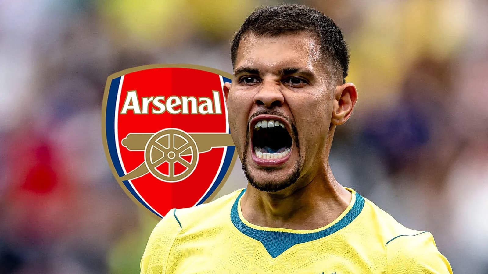 Jugador de fútbol gritando con logo de Arsenal Jugador de fútbol gritando con logo de Arsenal