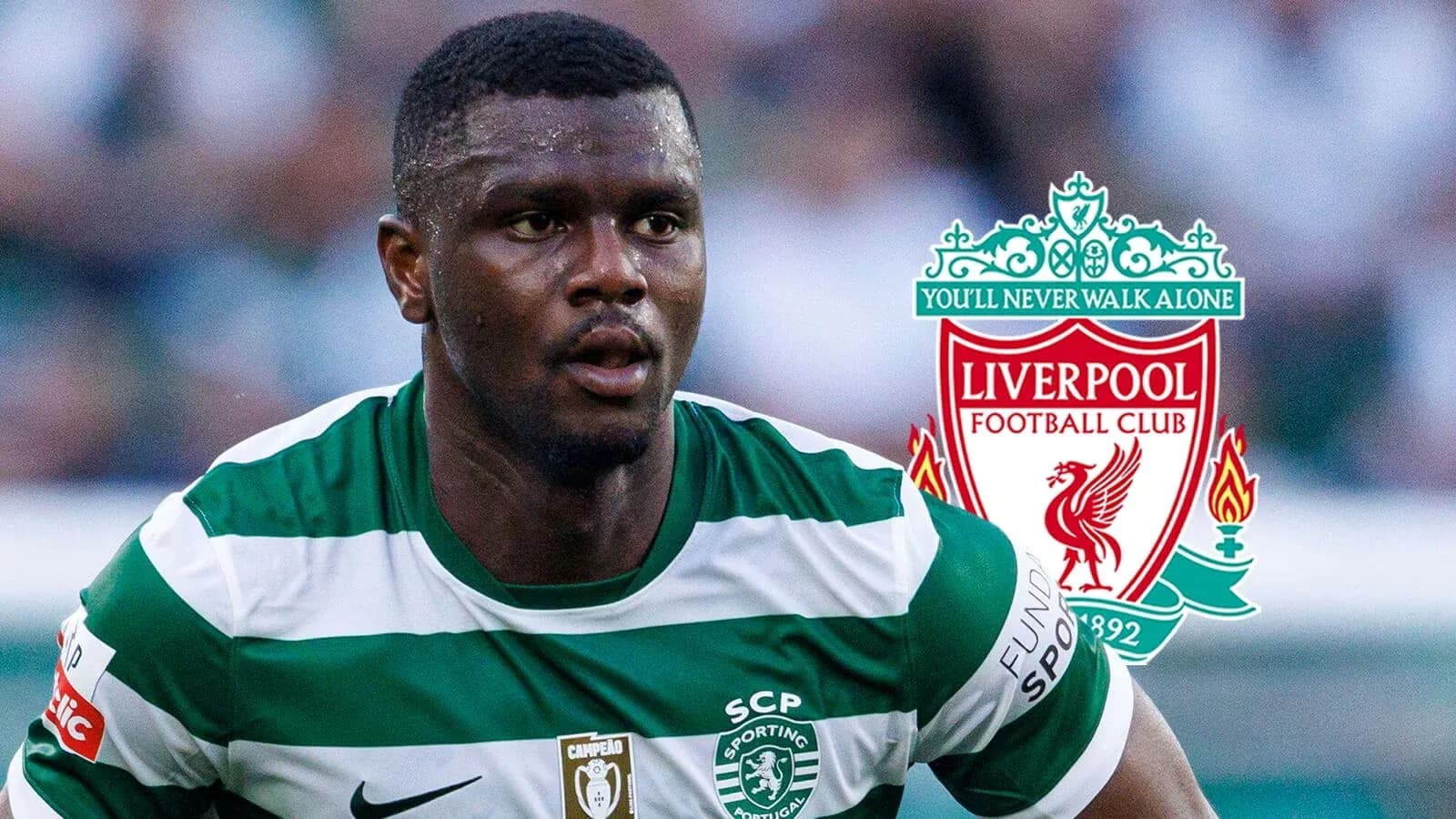 Jugador de Sporting CP corriendo con logo de Liverpool Jugador de Sporting CP corriendo con logo de Liverpool