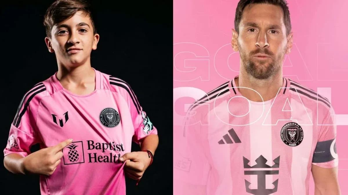Niño y jugador en camisetas de Inter Miami Niño y jugador en camisetas de Inter Miami