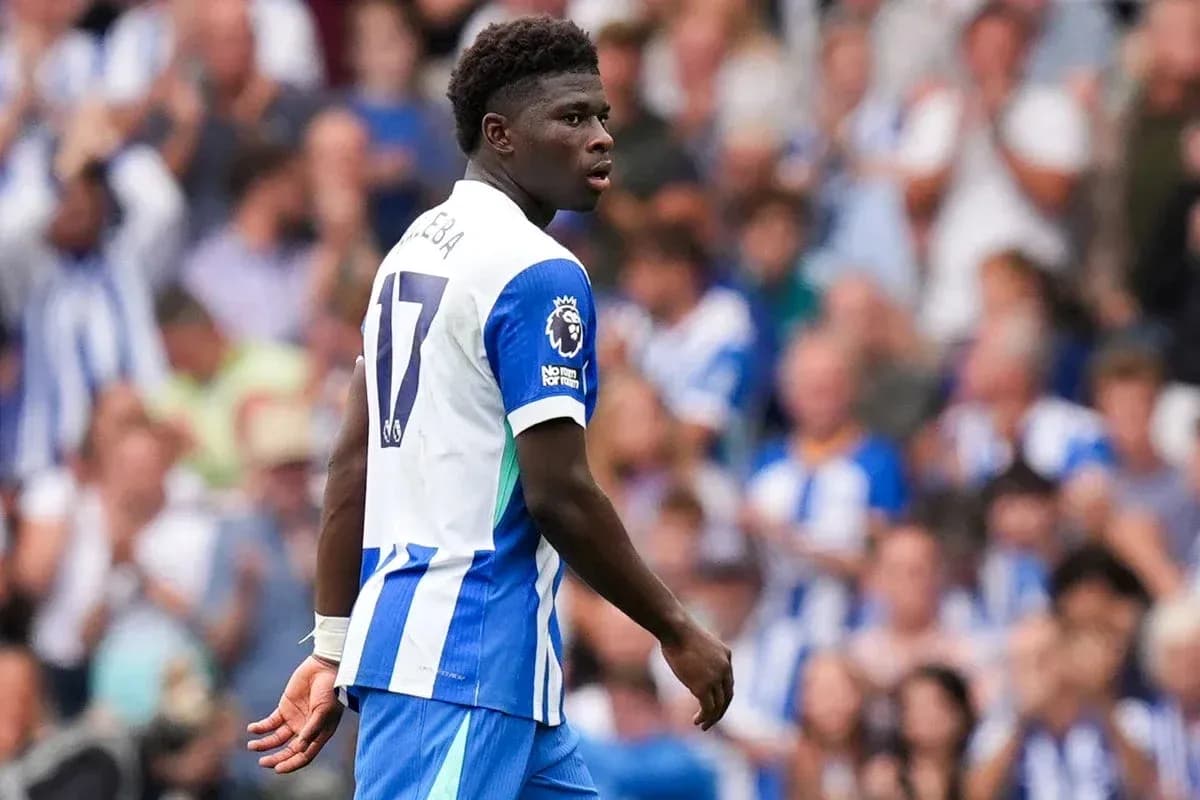 Jugador de fútbol con camiseta de Brighton en el campo Jugador de fútbol con camiseta de Brighton en el campo