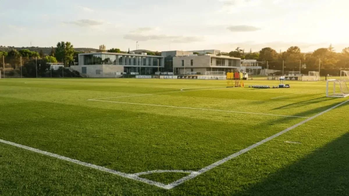 Campo de entrenamiento con conos y balones preparados Campo de entrenamiento con conos y balones preparados