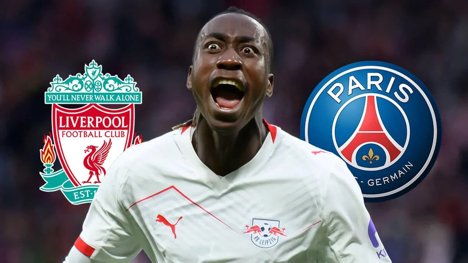 Jugador de RB Leipzig celebrando con logos de Liverpool y PSG Jugador de RB Leipzig celebrando con logos de Liverpool y PSG