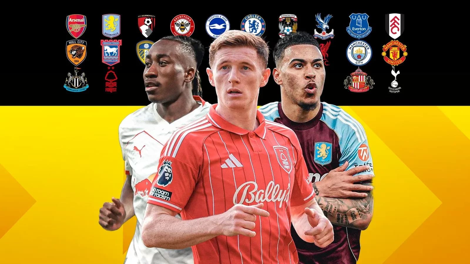 Jugadores de fútbol en primer plano con escudos de equipos Jugadores de fútbol en primer plano con escudos de equipos