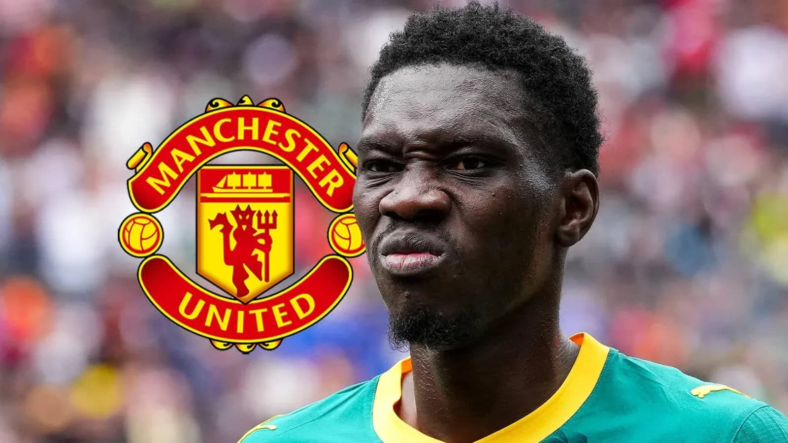 Jugador con camiseta verde cerca del logo de Manchester United Jugador con camiseta verde cerca del logo de Manchester United