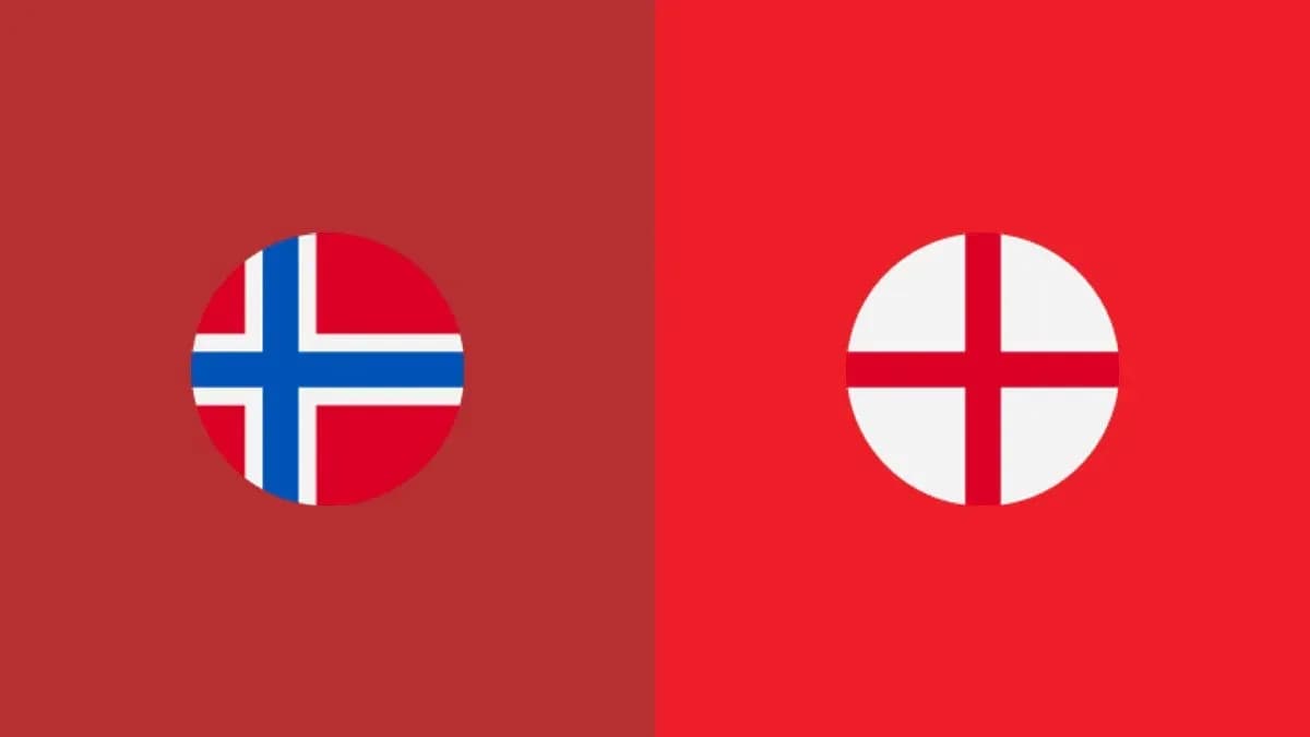 Banderas de Noruega y Inglaterra sobre fondo rojo Banderas de Noruega y Inglaterra sobre fondo rojo