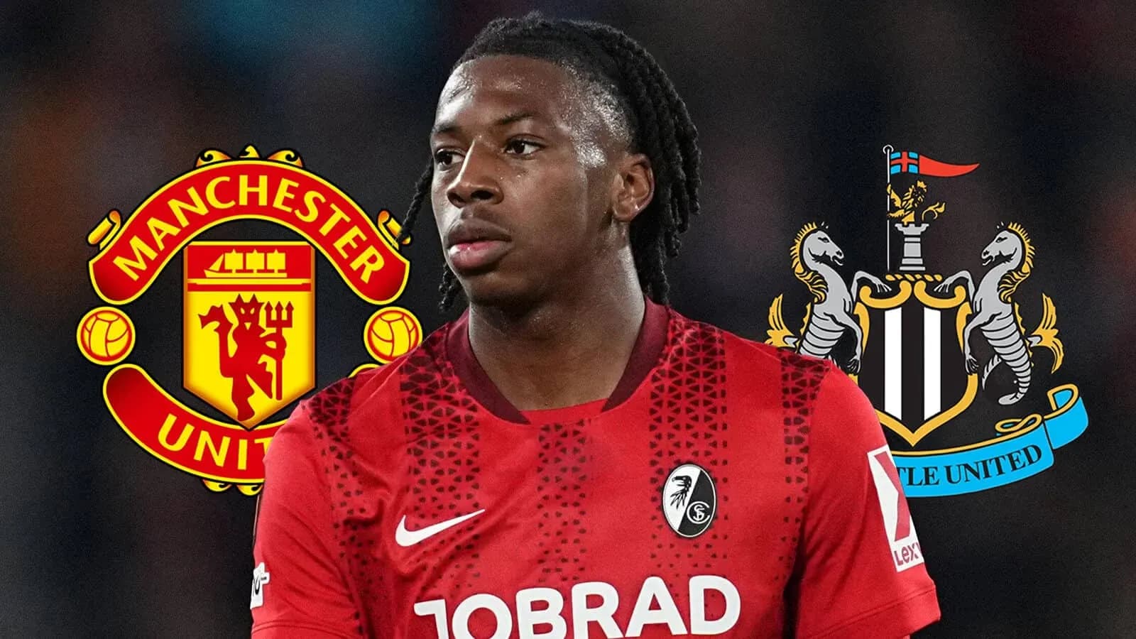 Jugador de fútbol con logotipos de Manchester United y Newcastle Jugador de fútbol con logotipos de Manchester United y Newcastle