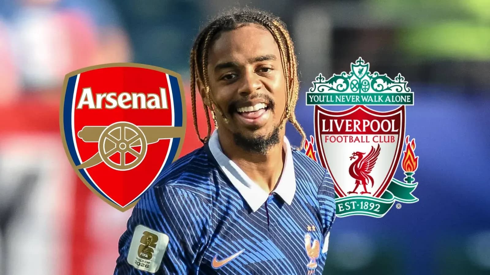 Jugador sonriendo entre logotipos de Arsenal y Liverpool Jugador sonriendo entre logotipos de Arsenal y Liverpool