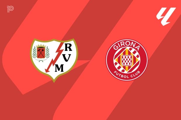 Logos de Rayo Vallecano y Girona FC en fondo rojo Logos de Rayo Vallecano y Girona FC en fondo rojo